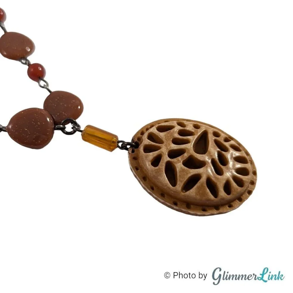 Vintage Bohemian Faux Goldstone Beaded Carved Pendant Necklace